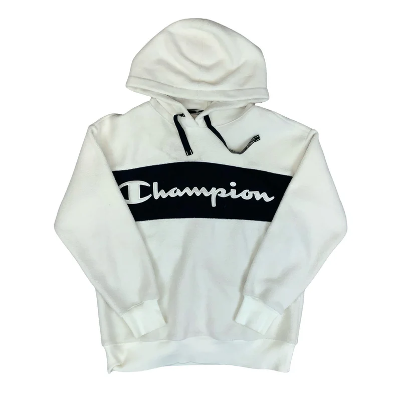 VTG 90s 'CHAMPION' WHITE LOGO SPELL-OUT PULLOVER TEDDY FLEECE HOODIE S/M