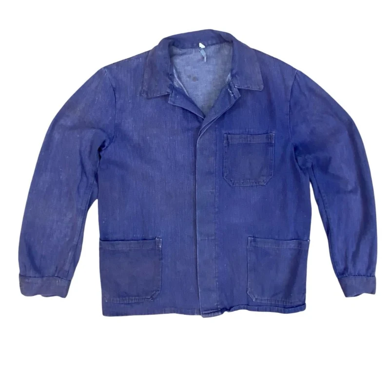 VTG DISTRESSED & FADED DENIM EU FRENCH WORKWEAR CHORE JACKET INDIGO M
