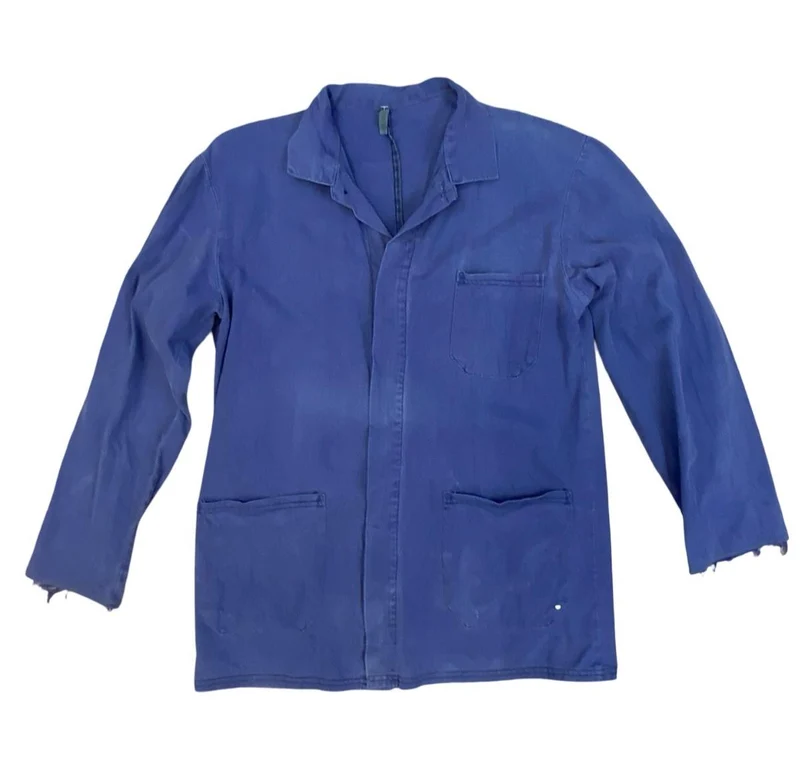 VTG DISTRESSED FADED INDIGO HERRINGBONE COTTON EU FRENCH WORKWEAR CHORE JACKET M
