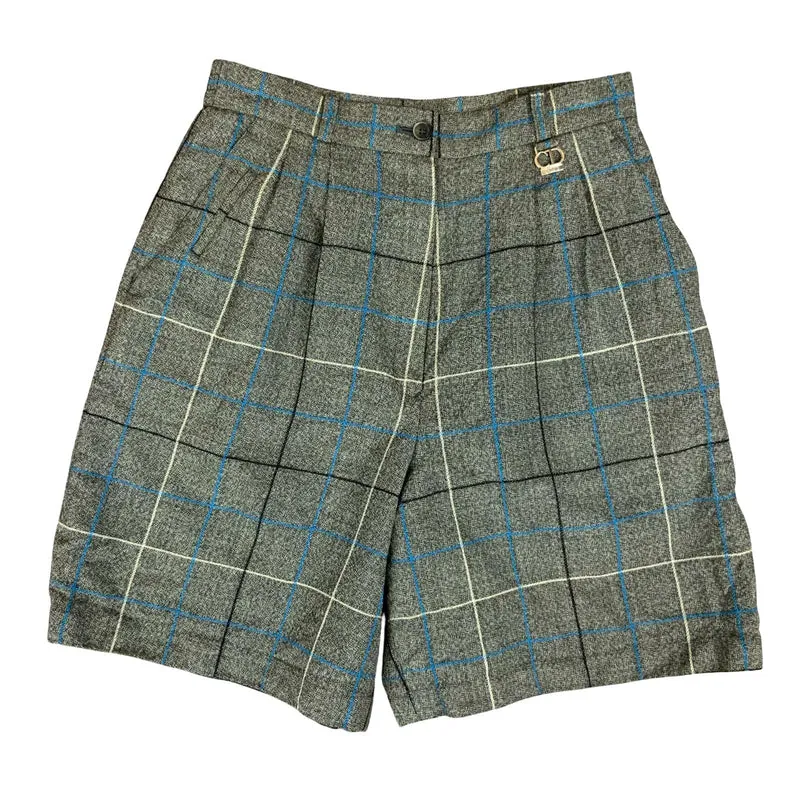 VTG 'CHRISTIAN DIOR' GREY WHITE BLUE PLAID HIGH-WAISTED WOOL LINED SHORTS 10
