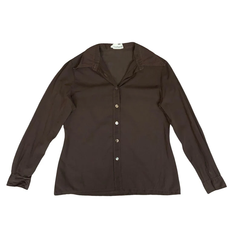 VTG 80s 90s 'CARCHAREL' BROWN SMART CASUAL BUTTON-DOWN LONG SLEEVE BLOUSE M 14
