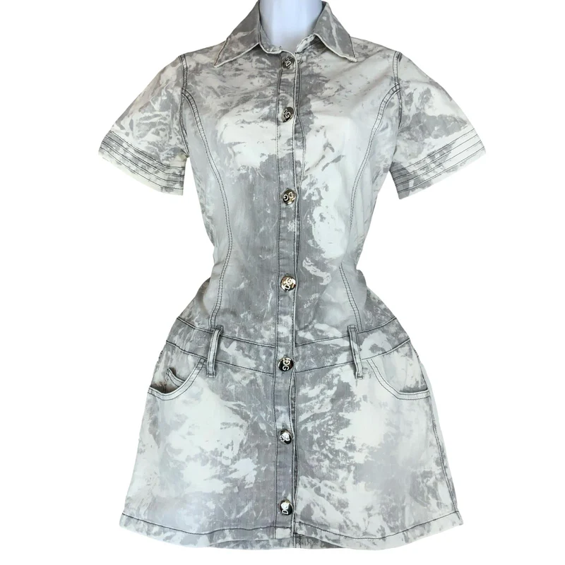 90S Y2K 'DOLCE & GABANNA' CARGO GREY WHITE TIE-DYE GRUNGE MINI DENIM DRESS S 10