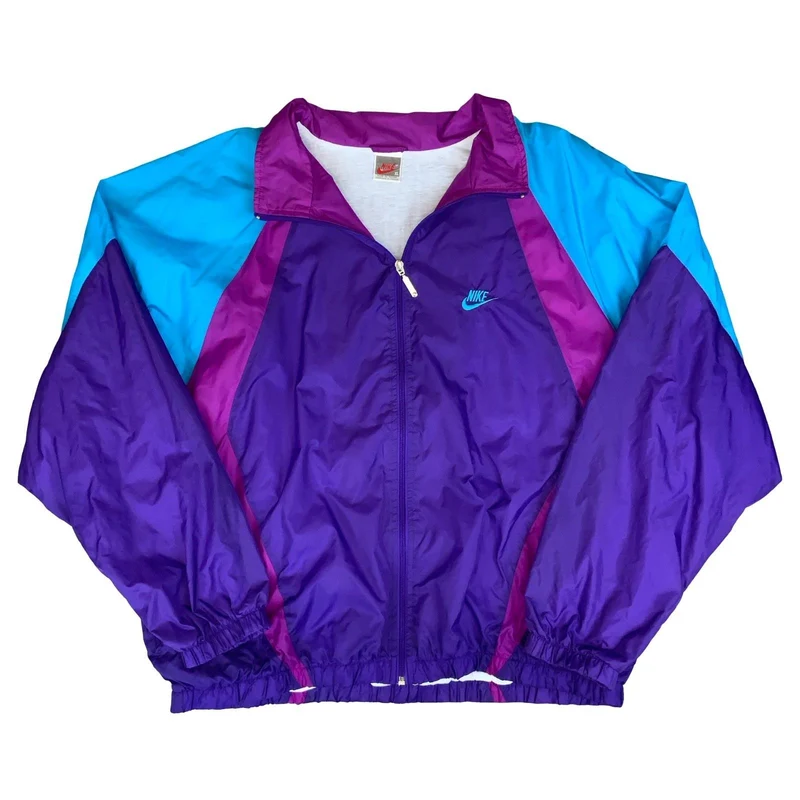VTG 80s 'NIKE' PURPLE BLUE RETRO COLOUR-BLOCK LINED TRACK WINDBREAKER JACKET 3XL