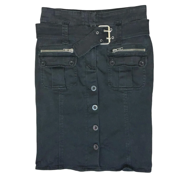 VTG 90s y2k 'MORGAN DE TOI' BLACK MID-RISE BELTED DENIM CARGO PENCIL SKIRT S 10