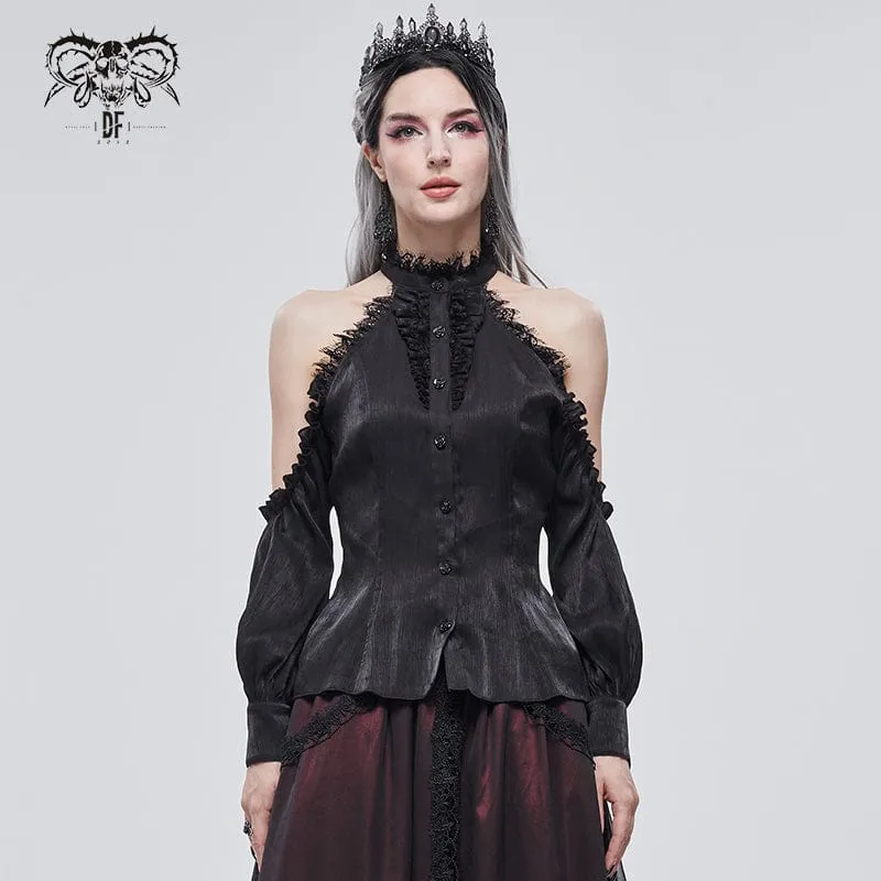 Gothic Strappy Off Shoulder Spets Fåll svart skjorta för kvinnor