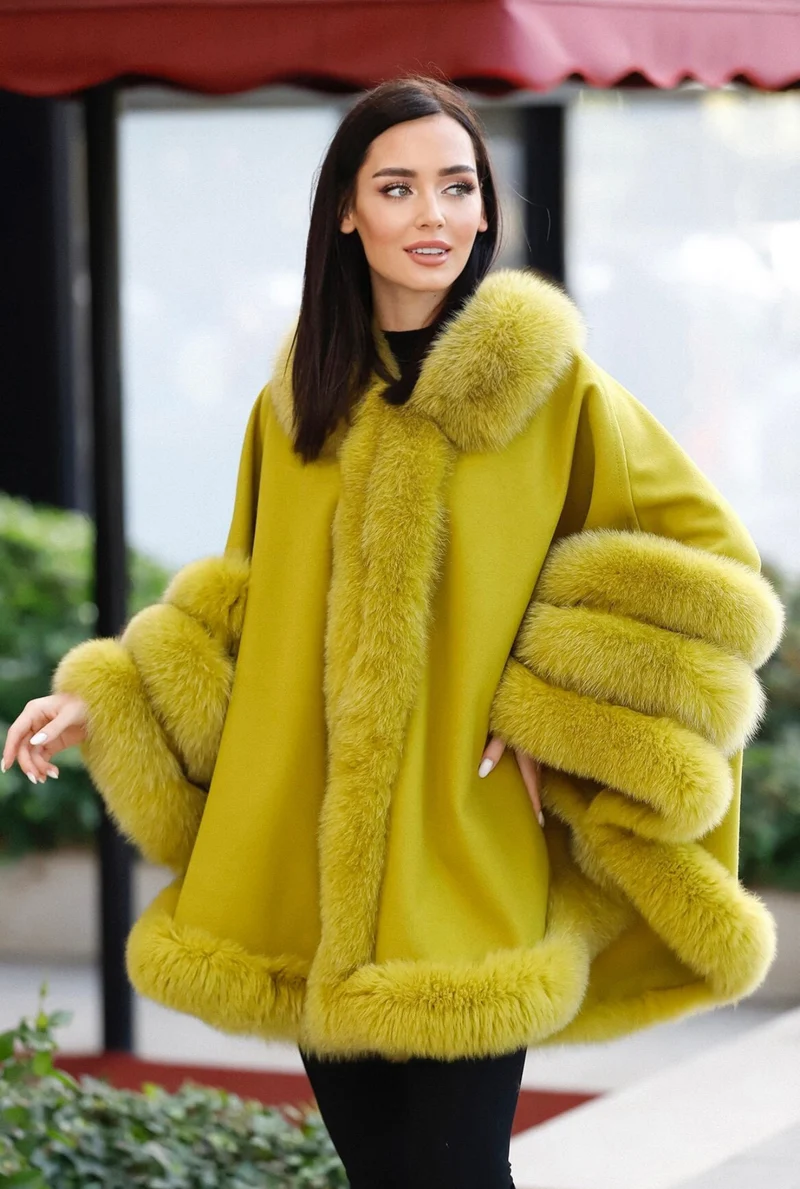 Fox Fur Cashmere Poncho in khaki