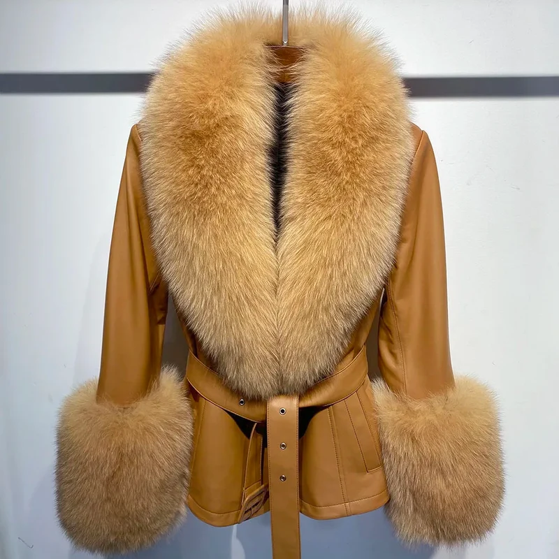 Short Fox Fur Genuine Leather Jacket in camel