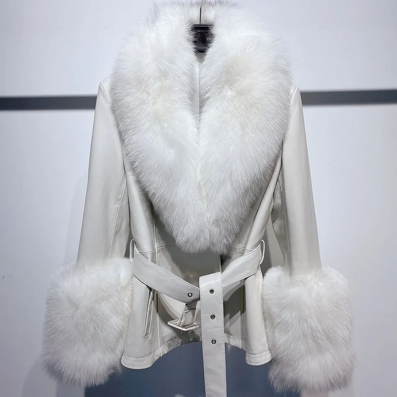 Short Fox Fur Genuine Leather Jacket in white