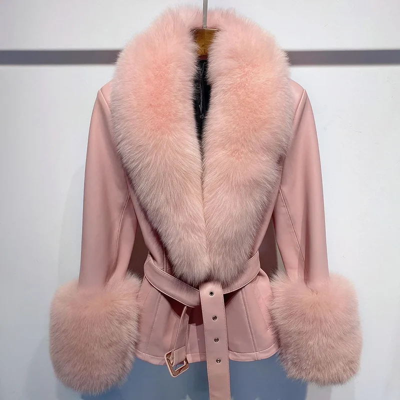 Short Fox Fur Genuine Leather Jacket in pink