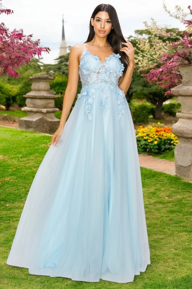 A-linjeformad festklänning med 3D-blommönster och spets från Cinderella Couture USA AS8038J