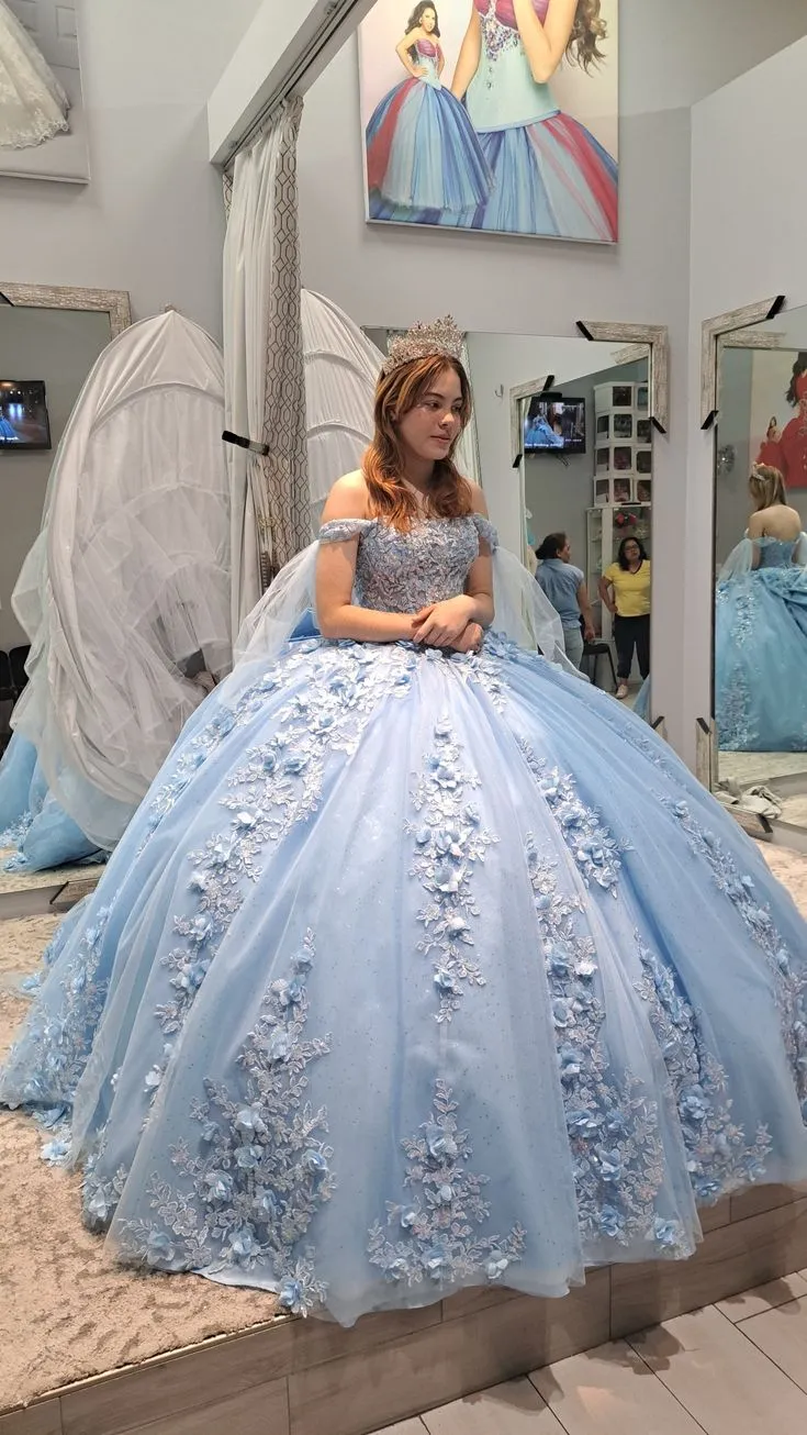 Ljusblå Quinceanera-balklänning med 3D-blommor i spets