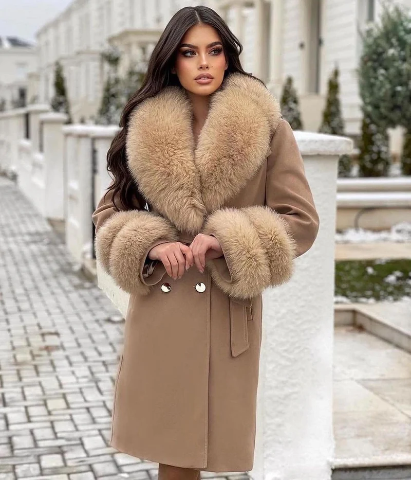Fox Fur Cashmere Coat in camel