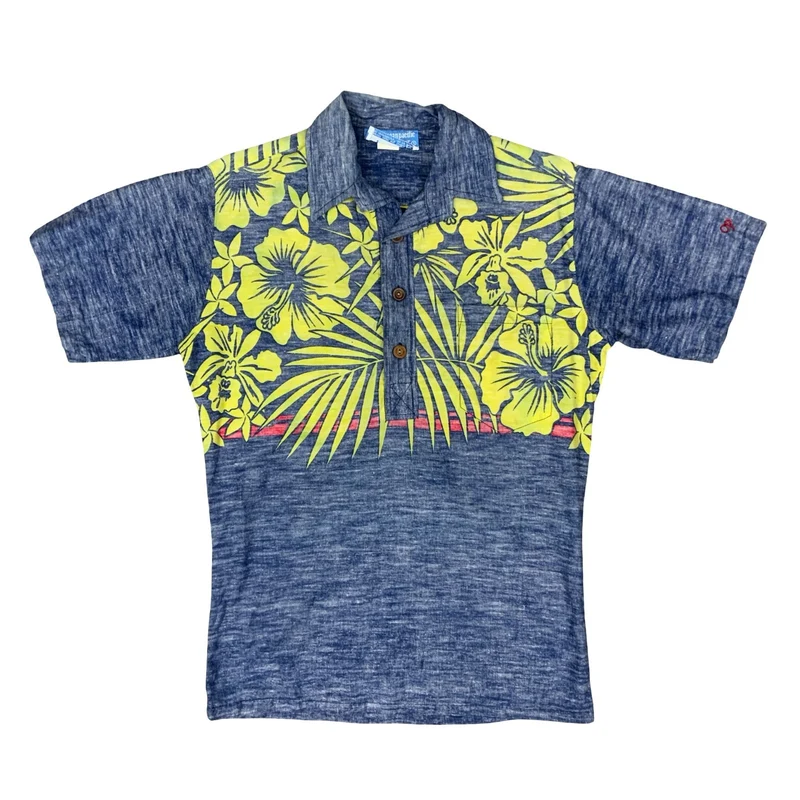 VTG 90S OCEAN PACIFIC SUNWEAR SURF REVERSE PRINT HAWAIIAN SMOCK POLO SHIRT SMALL