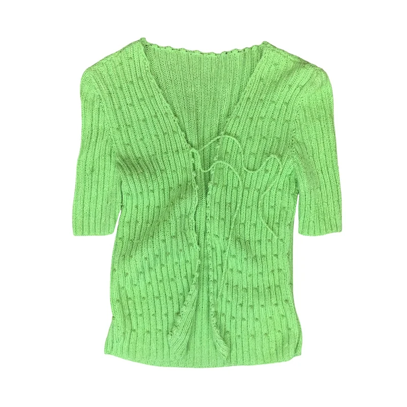VTG 90s y2k GREEN V-NECK TIE-UP BEADED SHORT SLEEVED STRETCHY KNIT CARDIGAN M 12