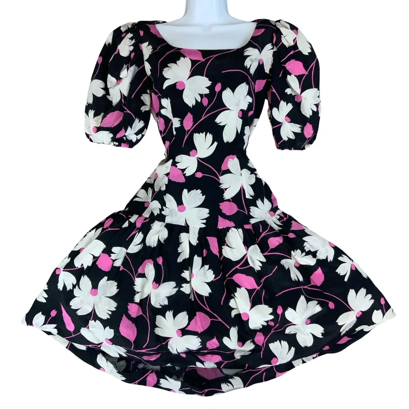 VTG 80s 'OSCAR DE LA RENTA' WHITE PINK FLORAL PUFF SLEEVE DROP WAIST DRESS S 10