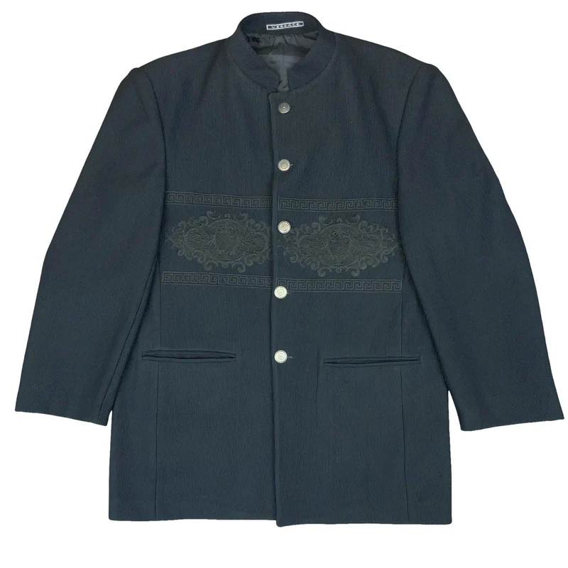 VTG 'VERSACE SPORT' BLACK RARE EMBROIDERED STAND-UP COLLAR CASUAL BLAZER LARGE