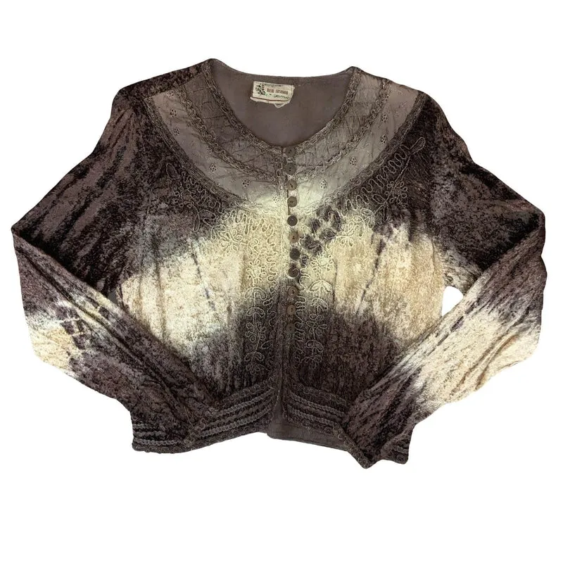 VTG 90s y2k 'NEW FASHION' BROWN CREAM TIE DYE BOHO EMBROIDERED BLOUSE L 16