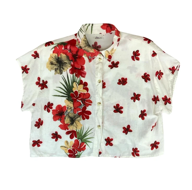VTG 80s 90s 'MISS ETAM' WHITE RED FLORAL CROPPED BUTTON-UP FLORIDA BLOUSE L 16