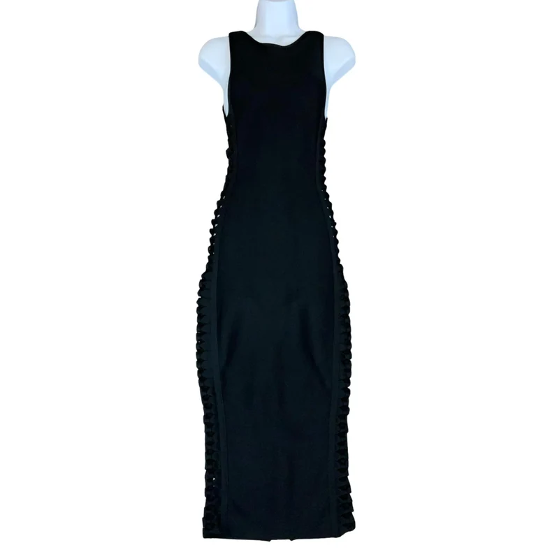VTG 90s 'HOUSE OF CB' BLACK ELASTICATED BODYCON CUT-OUT DETAIL MAXI DRESS XS