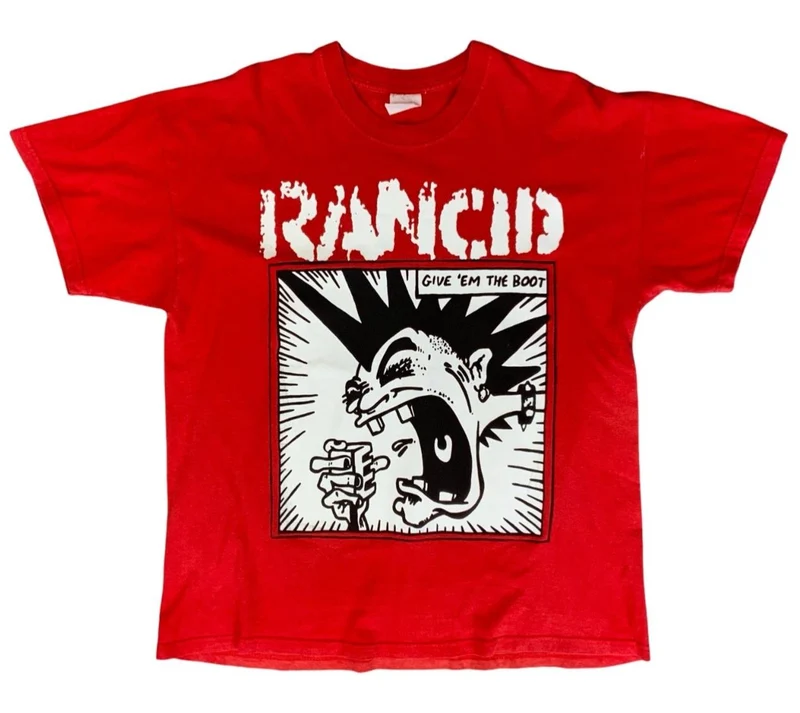 VTG 90s FADED RED RANCID GIVE EM THE BOOT SOUND LEVELS 2 SIDED PUNK T SHIRT L