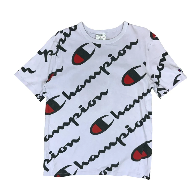VTG 90s 'CHAMPION' LILAC ALL-OVER GRAPHIC PRINT LOGO SHORT SLEEVE T-SHIRT S M