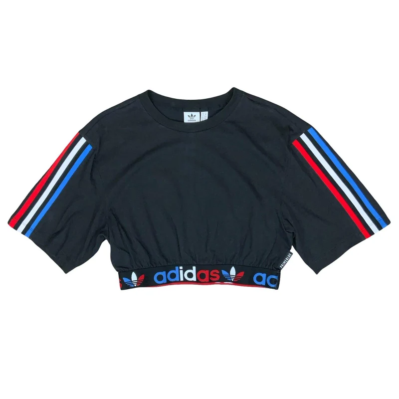VTG 90s 'ADIDAS' PRIMEBLUE BLACK STRIPED SUSTAINABLE RECYCLED PLASTIC CROP TOP S