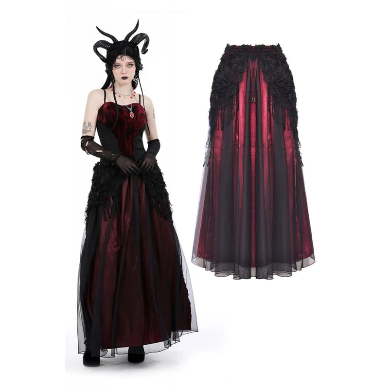 Gothic Floral Tofs Mesh Splice Kjol för kvinnor
