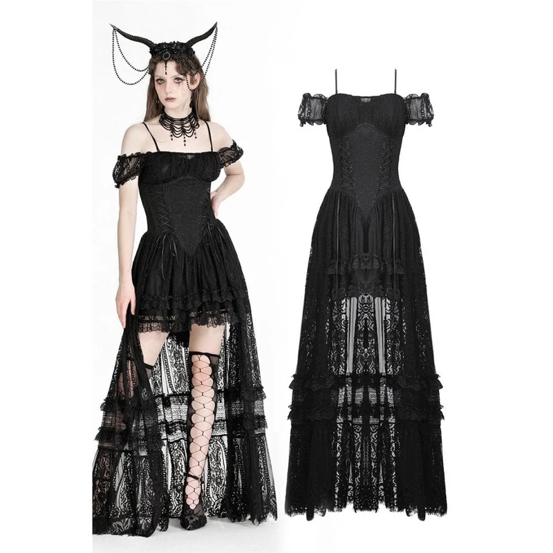 Gothic off-shoulder hög/låg balklänning för kvinnor