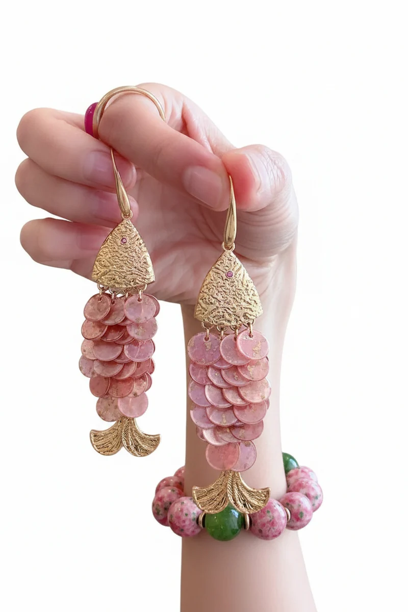 Örhängen Med Rosa Fiskfjällsdetaljer Och Tofsar För En Lekfull Stil
