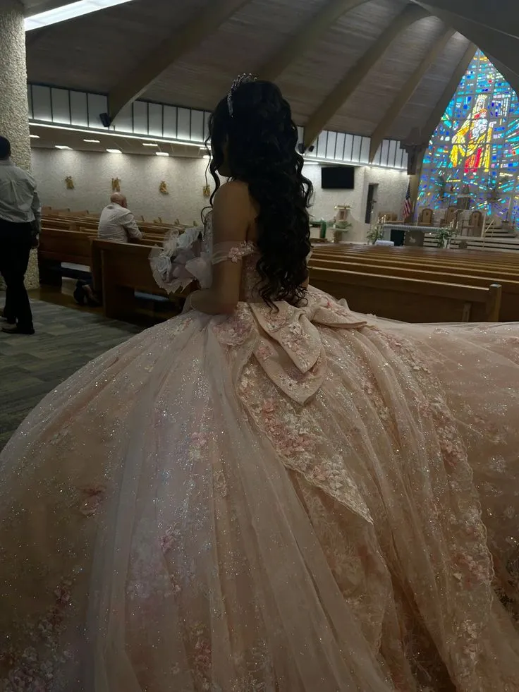 Rosa Off-Shoulder Korsett Quinceañera Balklänning Tyllklänning