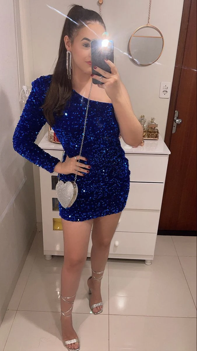 Kungsblå Paljett- och One-Shoulder-klänning med bodycon-detaljer