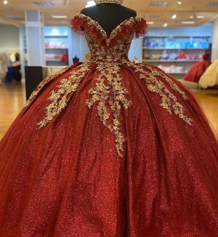 Mörkröd Paljett Quinceanera Balklänning Spetsad Tyll Balklänning