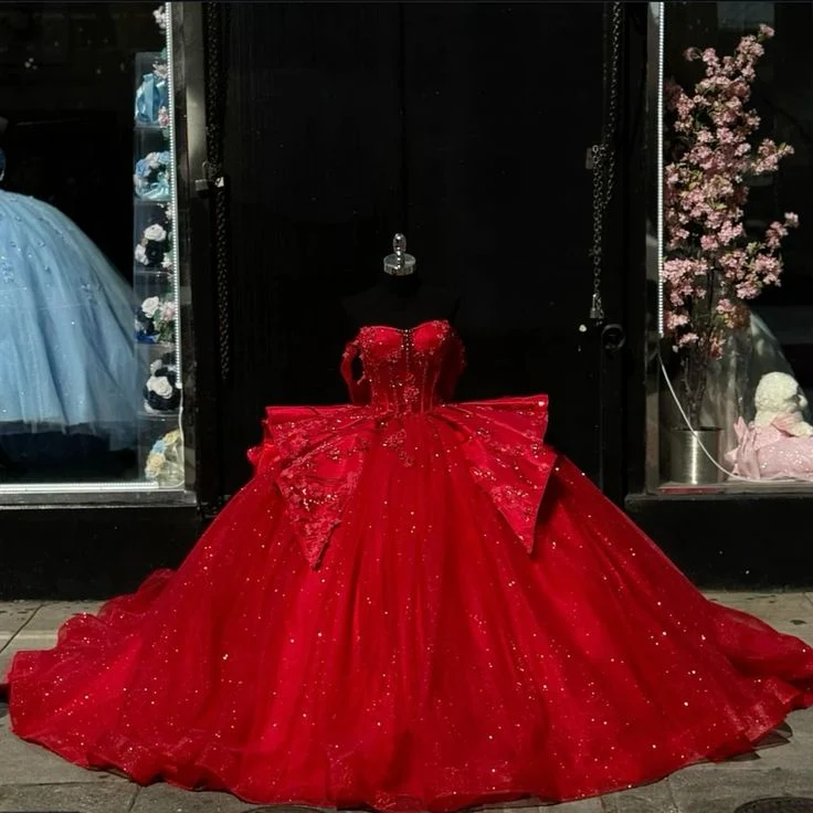 Röd Prinsessa Quinceanera Tyll Off-Shoulder Korsett Balklänning