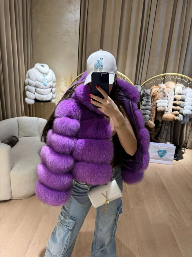 Rania Fox Fur Genuine Leather Jacket in purple