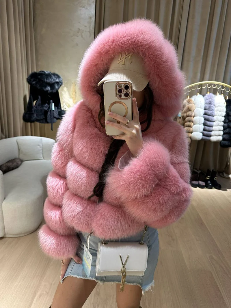 Rania Fox Fur Genuine Leather Jacket in pink