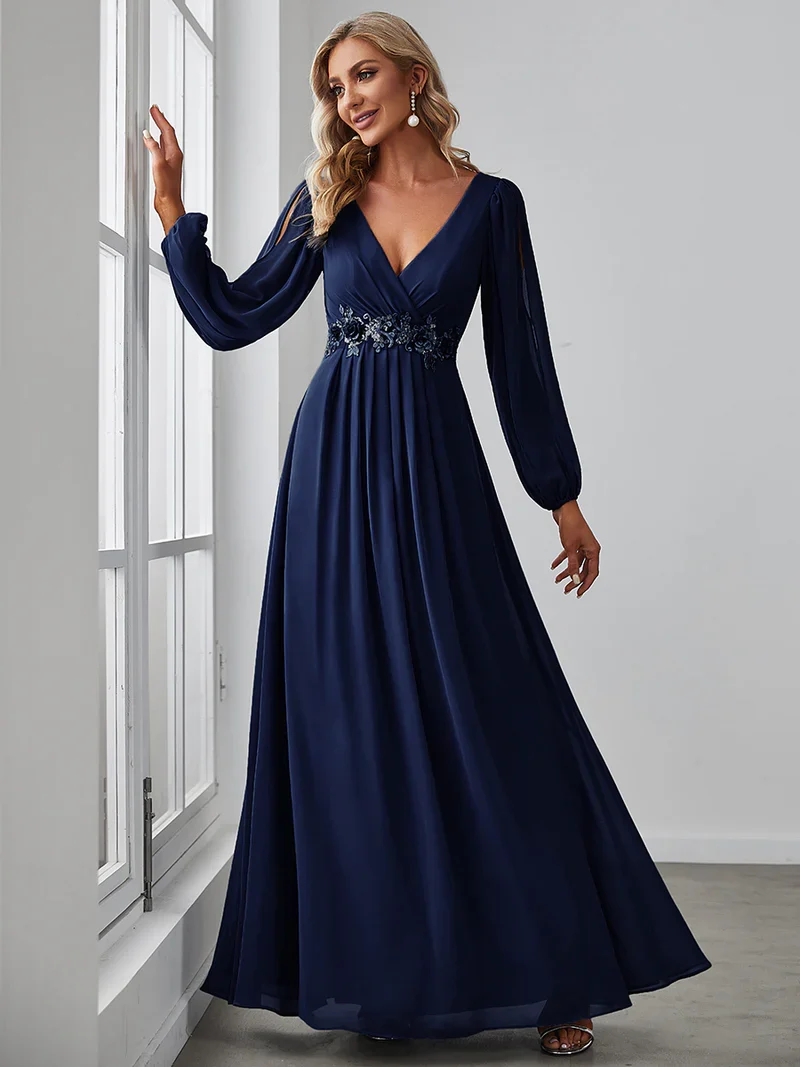 Lång klänning med lång ärm navy blue