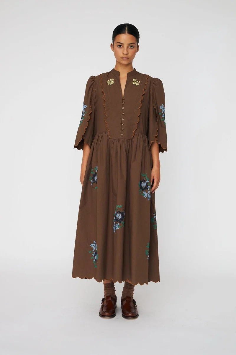 Stella Nova - Embroidered Loose Midi Dresses62-4485 - 869 Brown