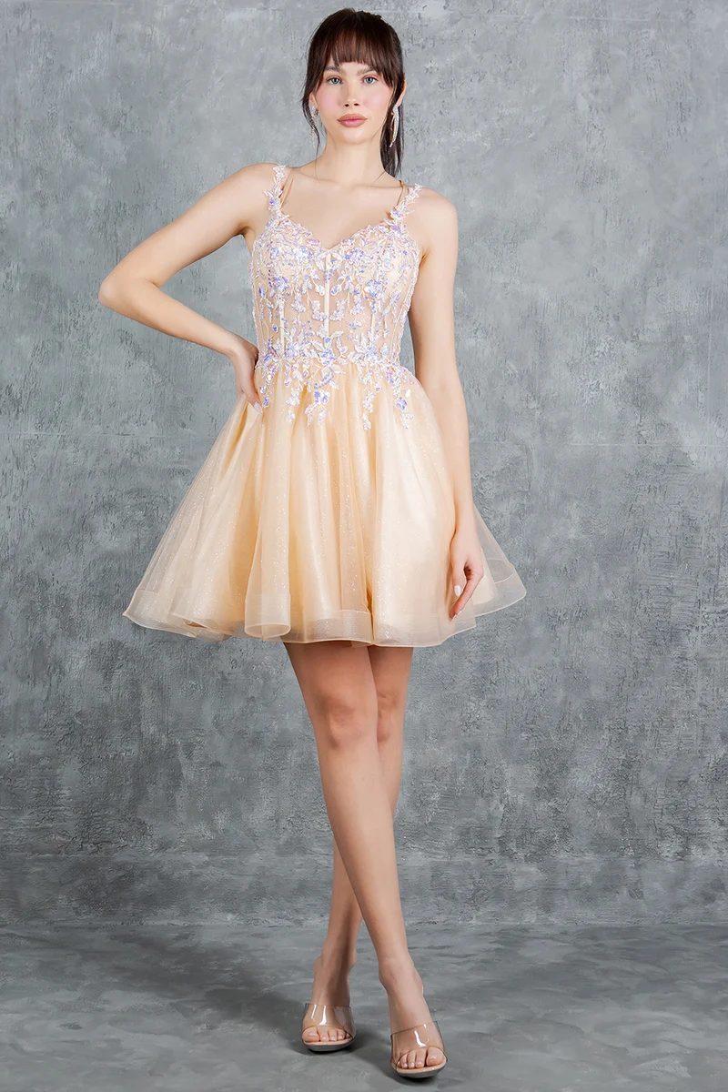 Paljettklänning med djup V-ringning och kort festklänning från Cinderella Couture USA AS8305J