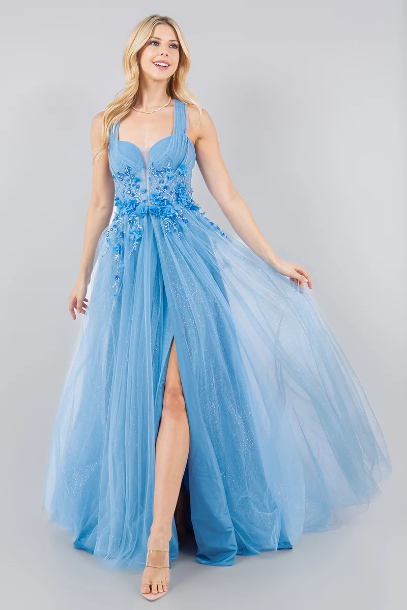 3D Blommig Halter A-linjeformad Slits Festklänning från Cinderella Couture USA AS8076J