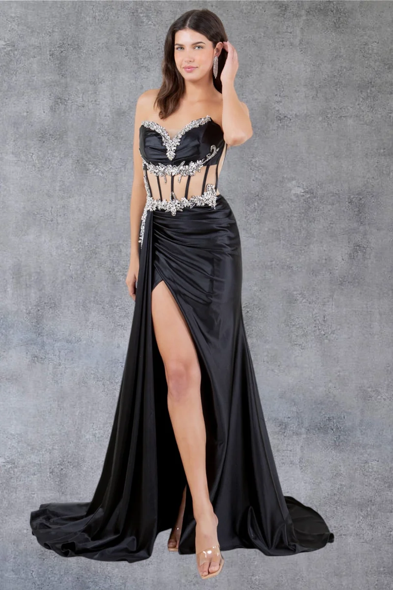 Axelbandslös satinklänning med benslits och fodral från Cinderella Couture USA AS8214J