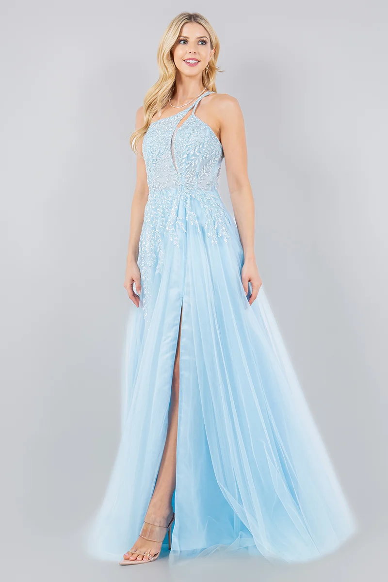 Paljett Tyll A-linjeformad Benklänning med Slitsar från Cinderella Couture USA AS8118J