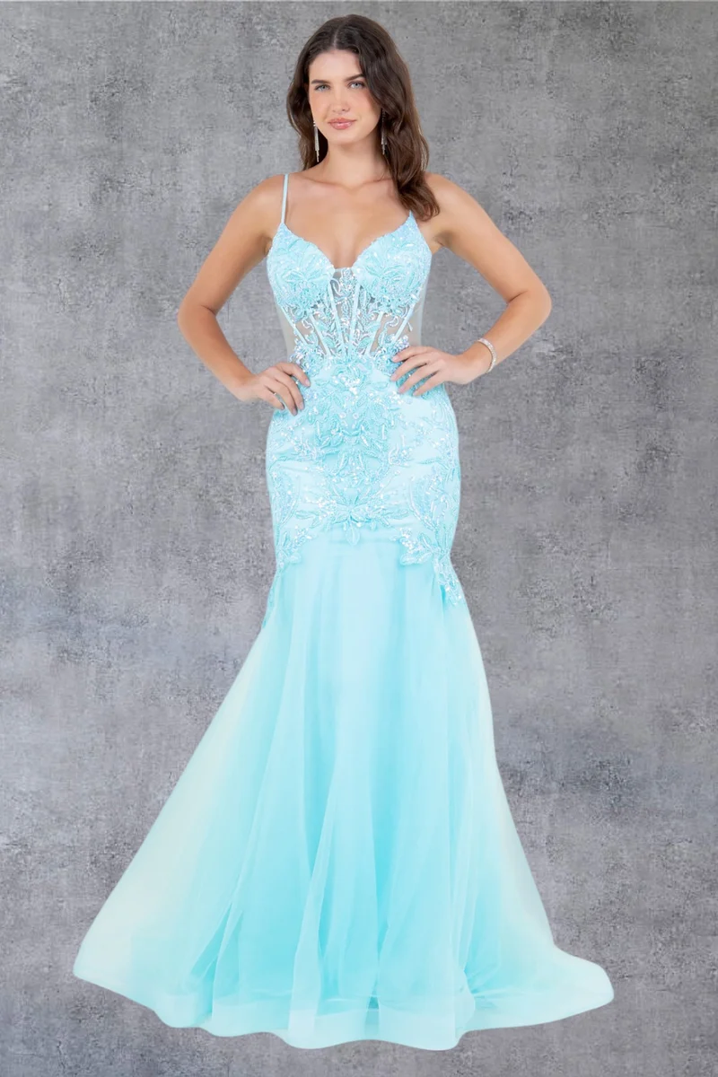 Broderad sjöjungfruklänning med urringning och djup halsringning från Cinderella Couture USA AS8276J