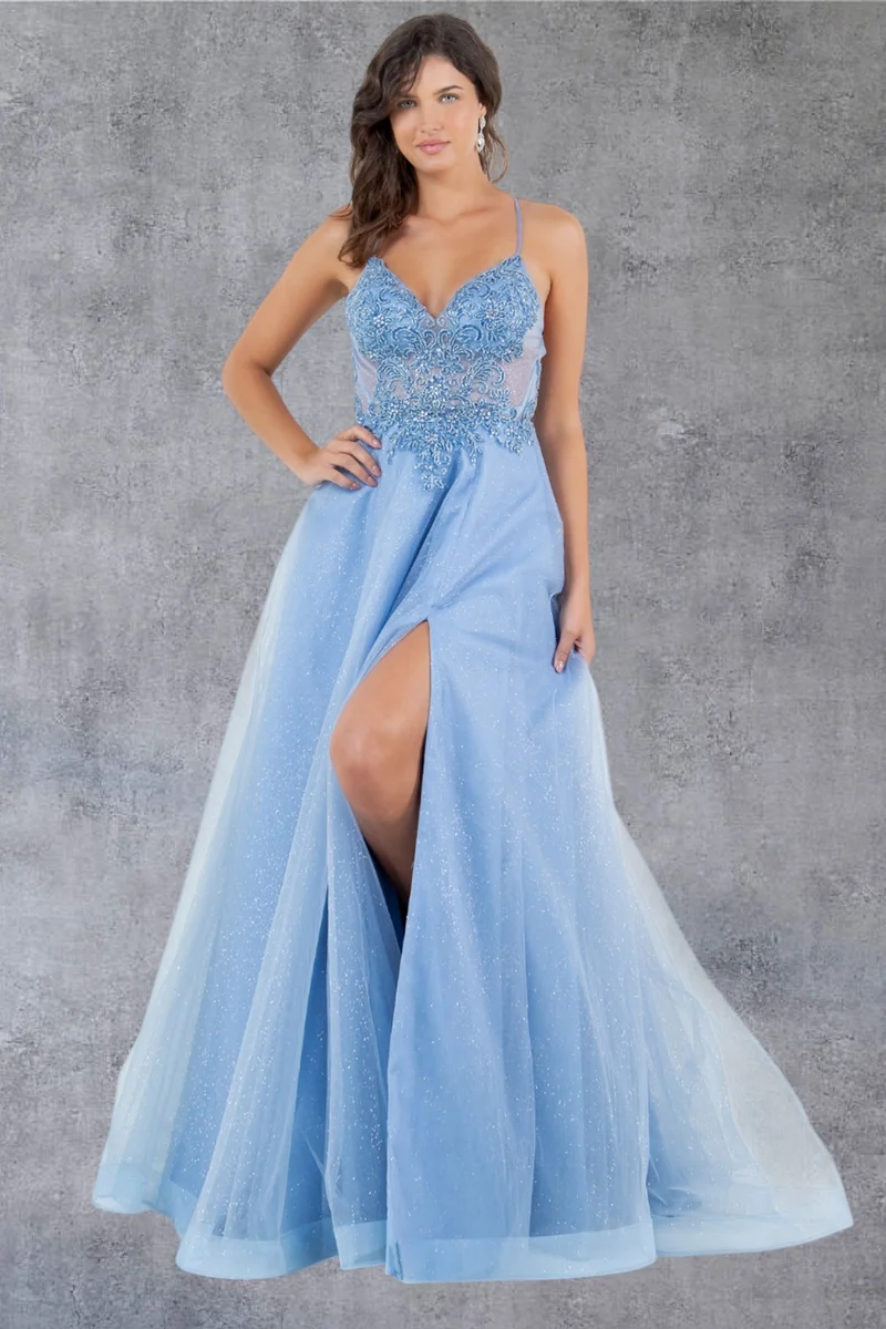 Glittrig pärlbroderad A-linjeformad festklänning från Cinderella Couture USA AS8275J