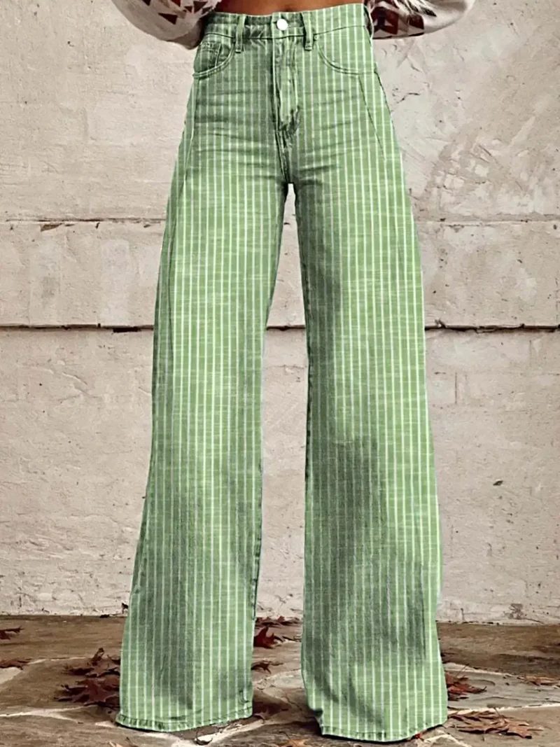 Lyxiga randiga jeans med vida ben och fickdesign – hög midja, icke-stretchigt tyg