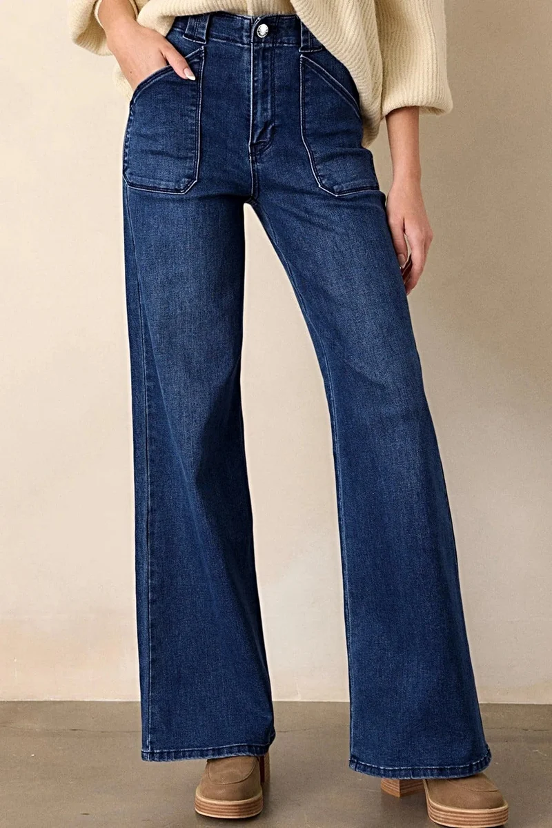Trendsi raka jeans för kvinnor - mellanhög midja, fickor, 72 % bomull, ingen stretch