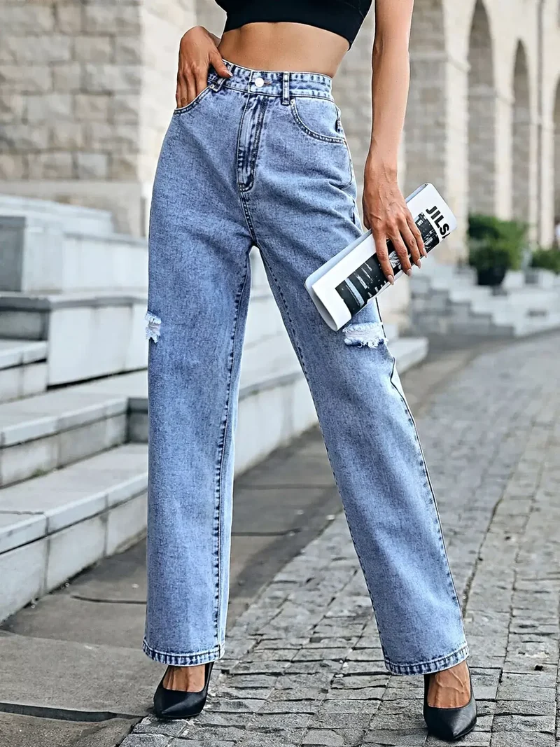 Snygga slitna jeans med hög midja och klassisk knäppning - Premium bomullsblandning
