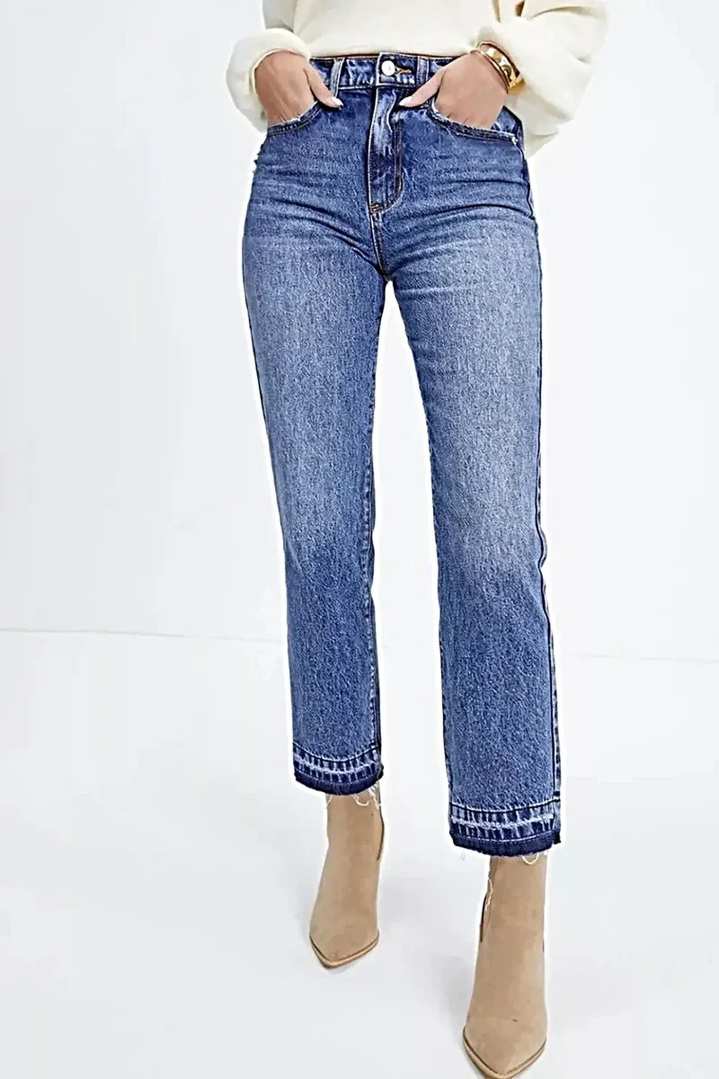 Beskurna jeans med hög midja och rå fåll | Fickade och lätt stretchiga denim