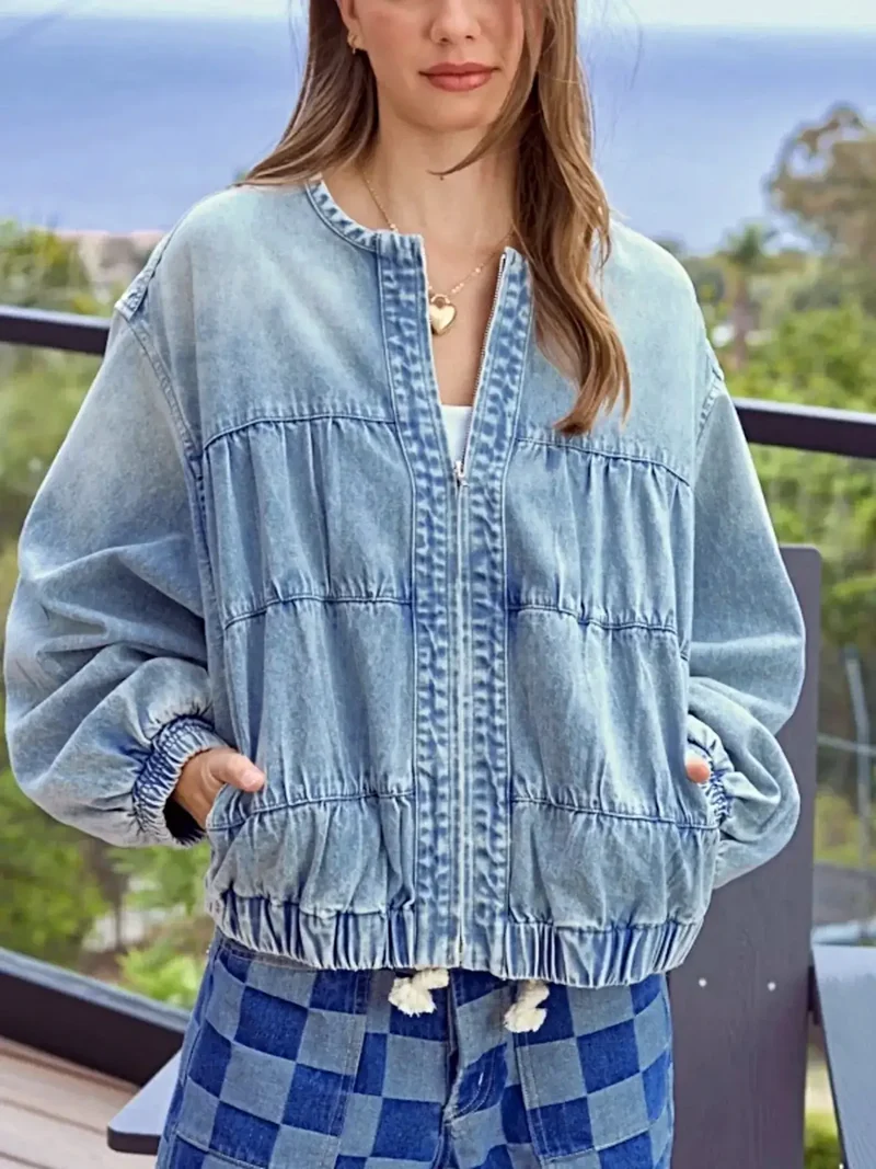 Utsökt tvättad jeansjacka med dragkedja - Klassisk stil, 90 % bomullskomfort, importerad