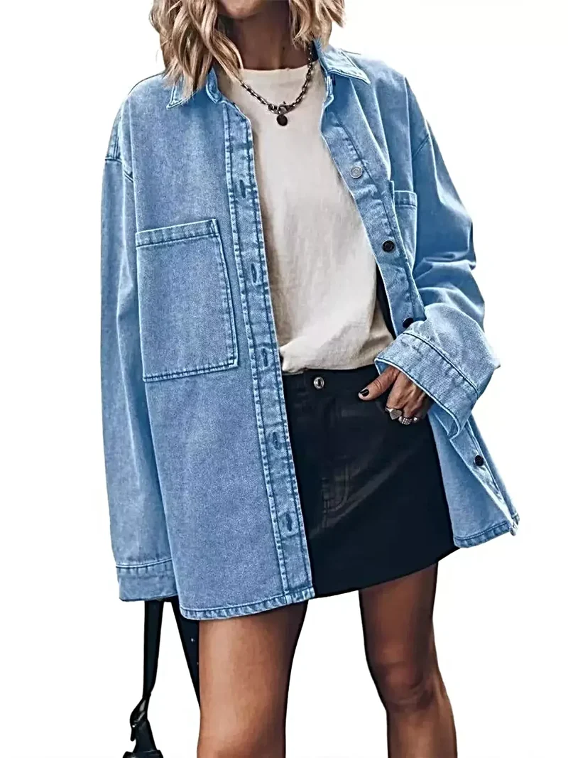 Snygg överdimensionerad denimskjorta med ficka, klassisk knappknäppning, 100 % polyester