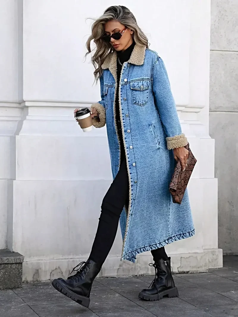 Lyxig sherpafodrad longline-jeansjacka med fickor - 85 % bomull, perfekt för kalla dagar